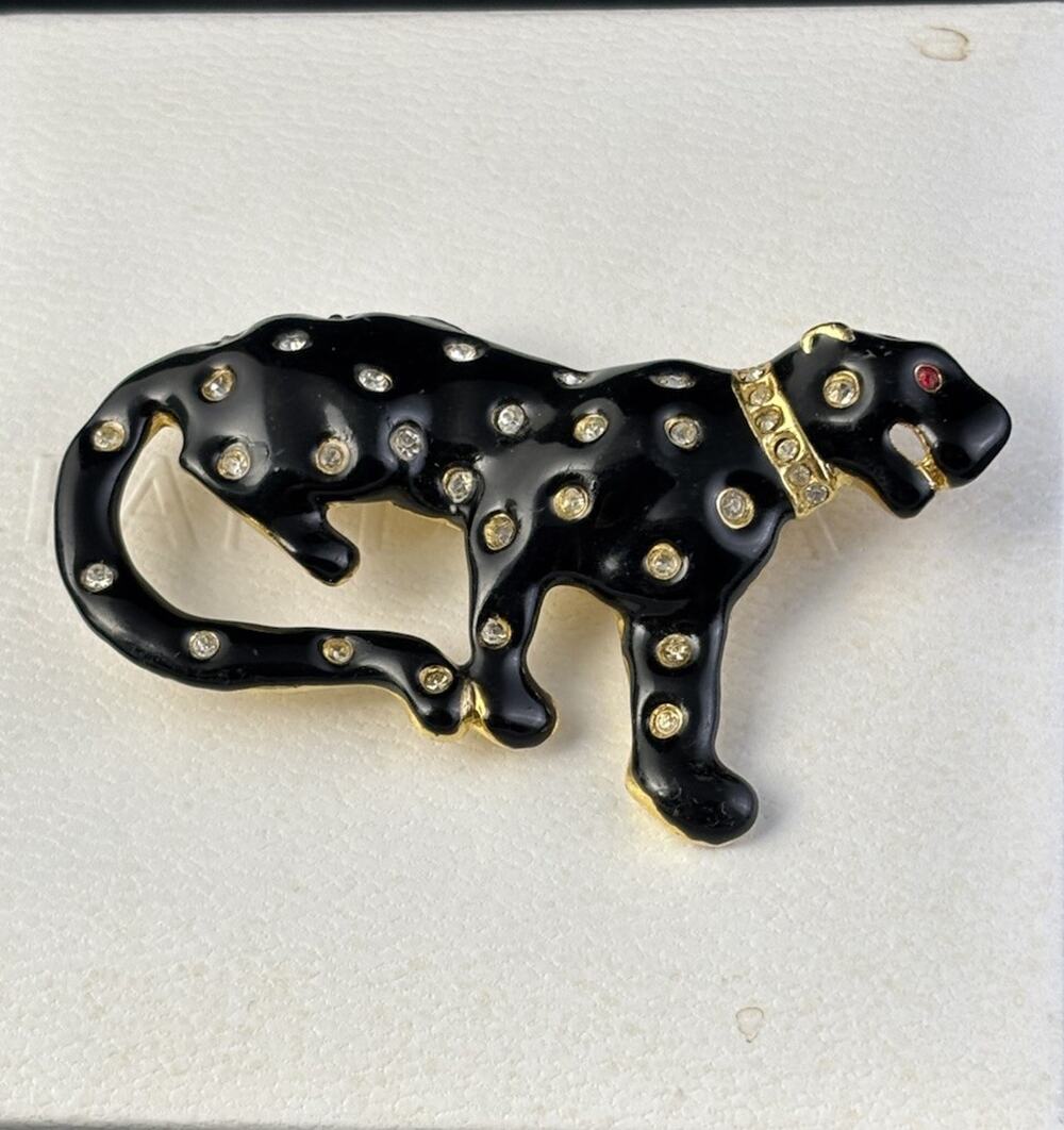 Vintage 1980’s BLACK Leopard Brooch Goldtone Enamel Rhinestone 2.5 Inches EUC